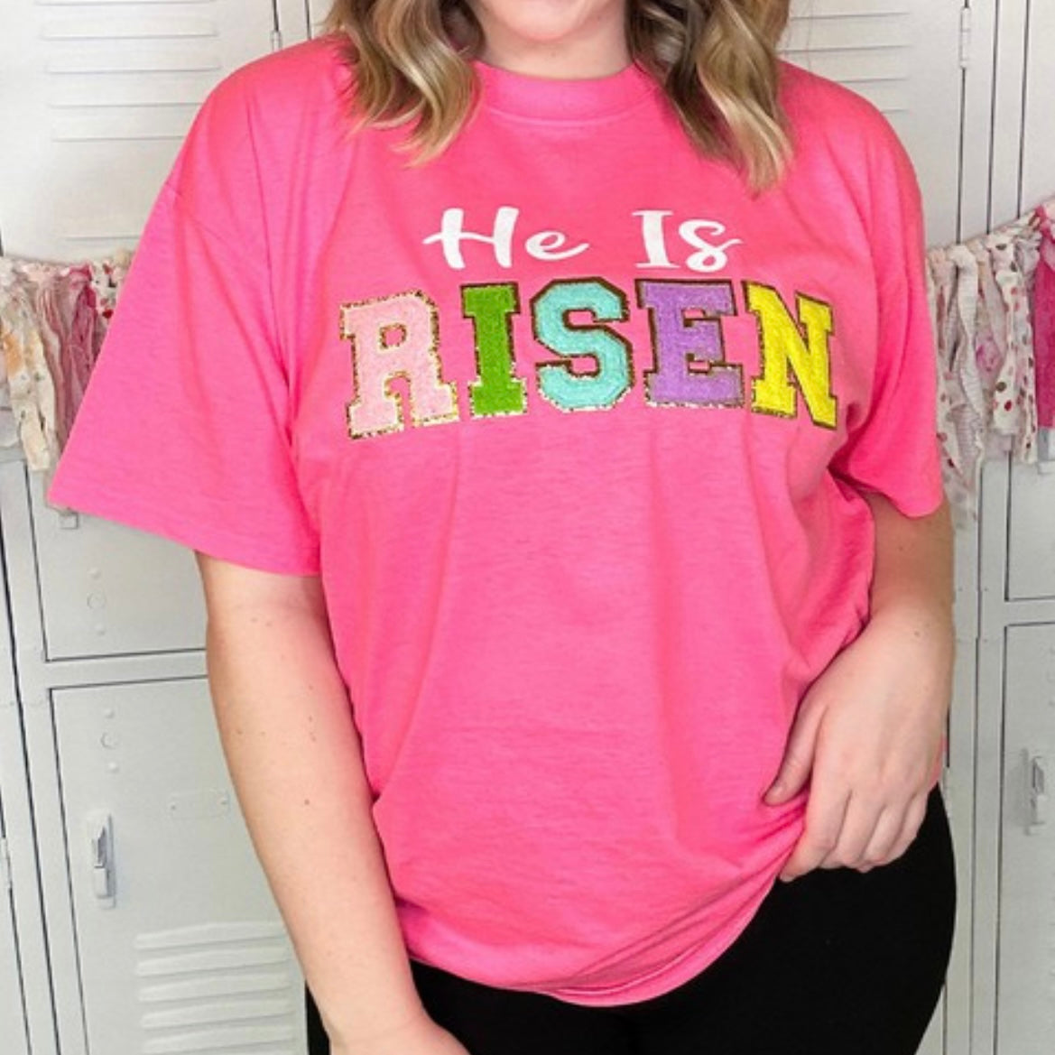 He Is Risen Chenille Letter Easter Tee