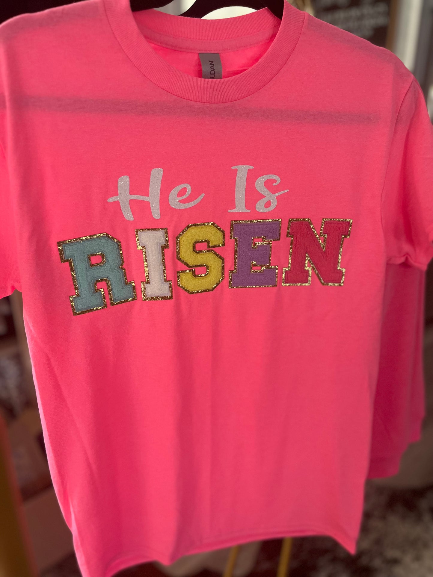 He Is Risen Chenille Letter Easter Tee