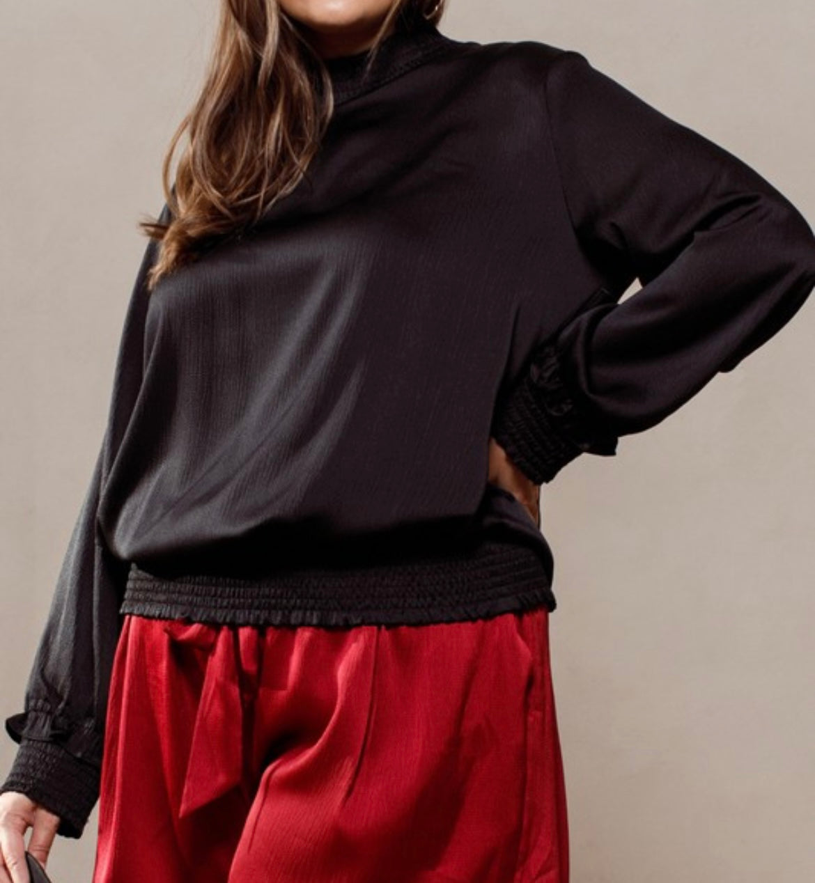 Plus- Black Long Sleeve Puff Sleeve Top