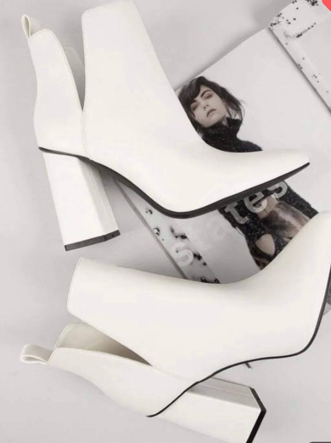 White Leather Chunk Heel Booties