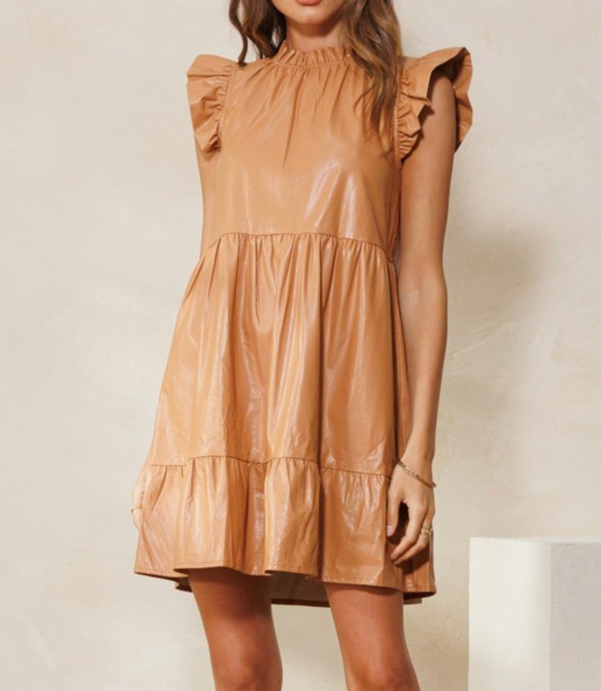 Solid Faux Leather Tiered Mini Dress- Camel