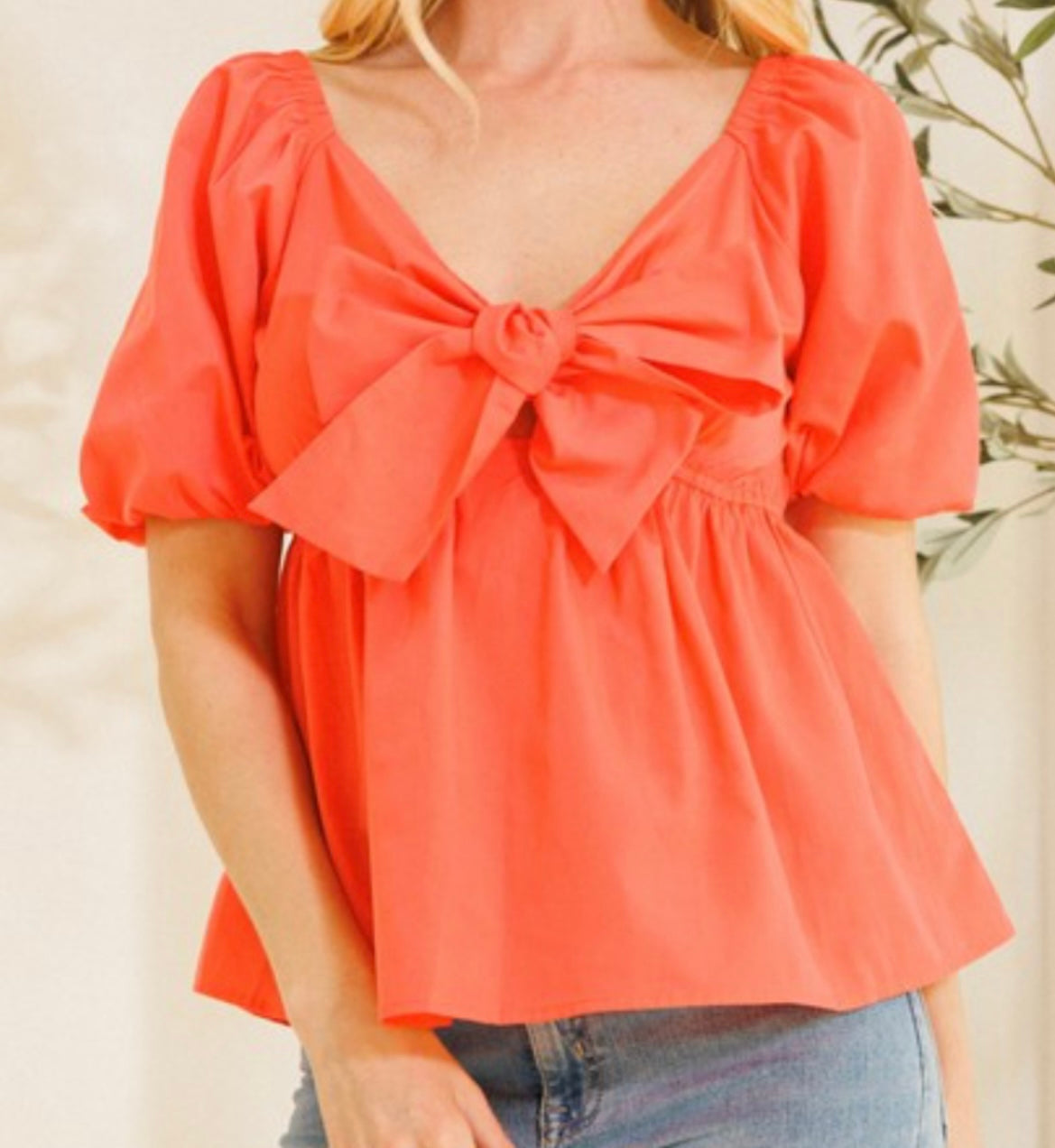 Coral Pink Bubble Sleeve Front Tie Top