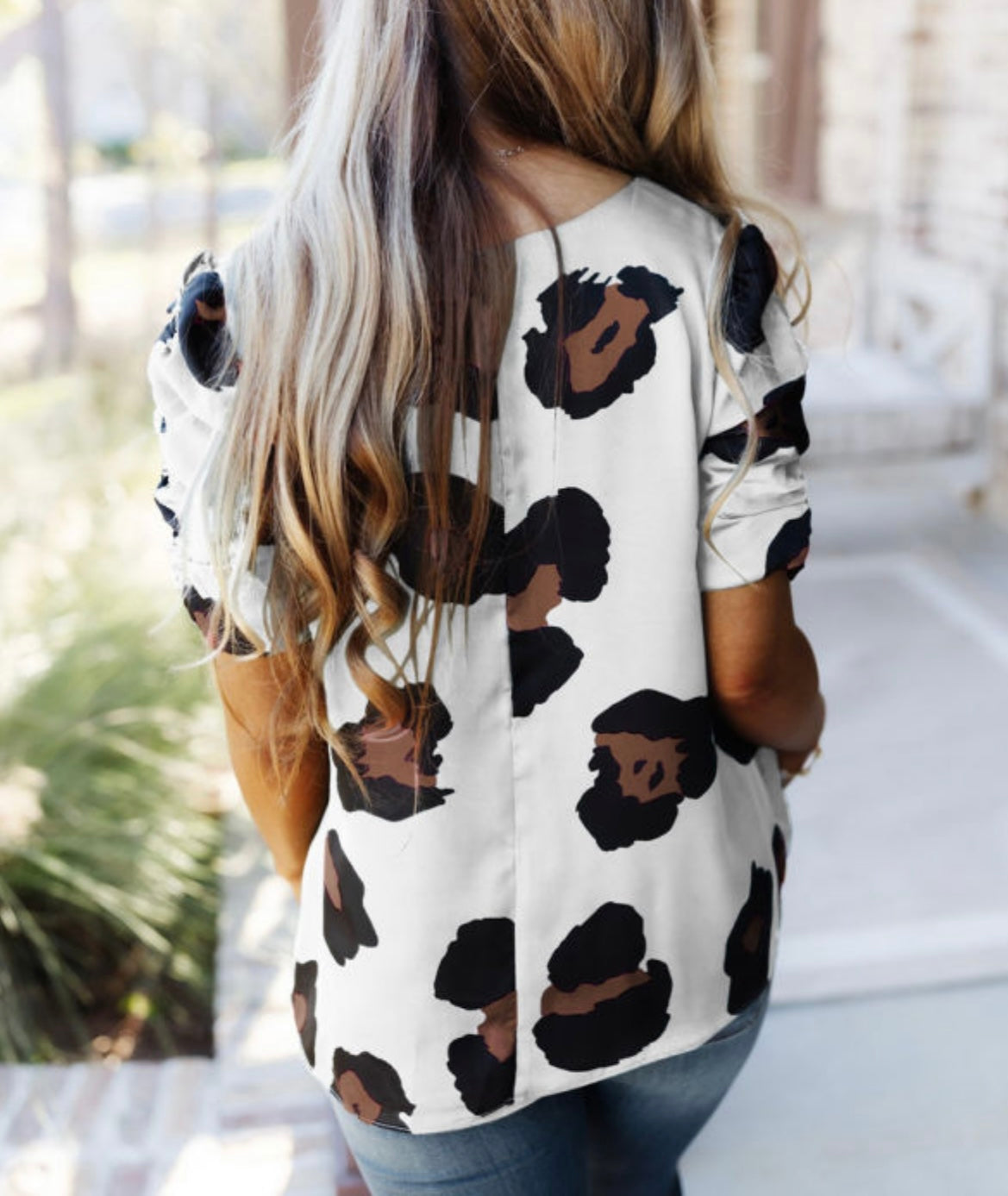 White Leopard Ruched Sleeve Top