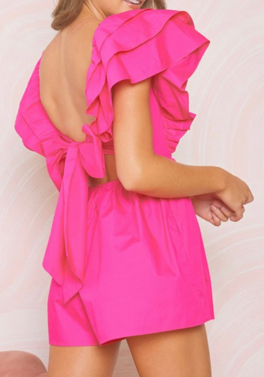 Back Tie Retro Romper With Puffy Ruffled Sleeves