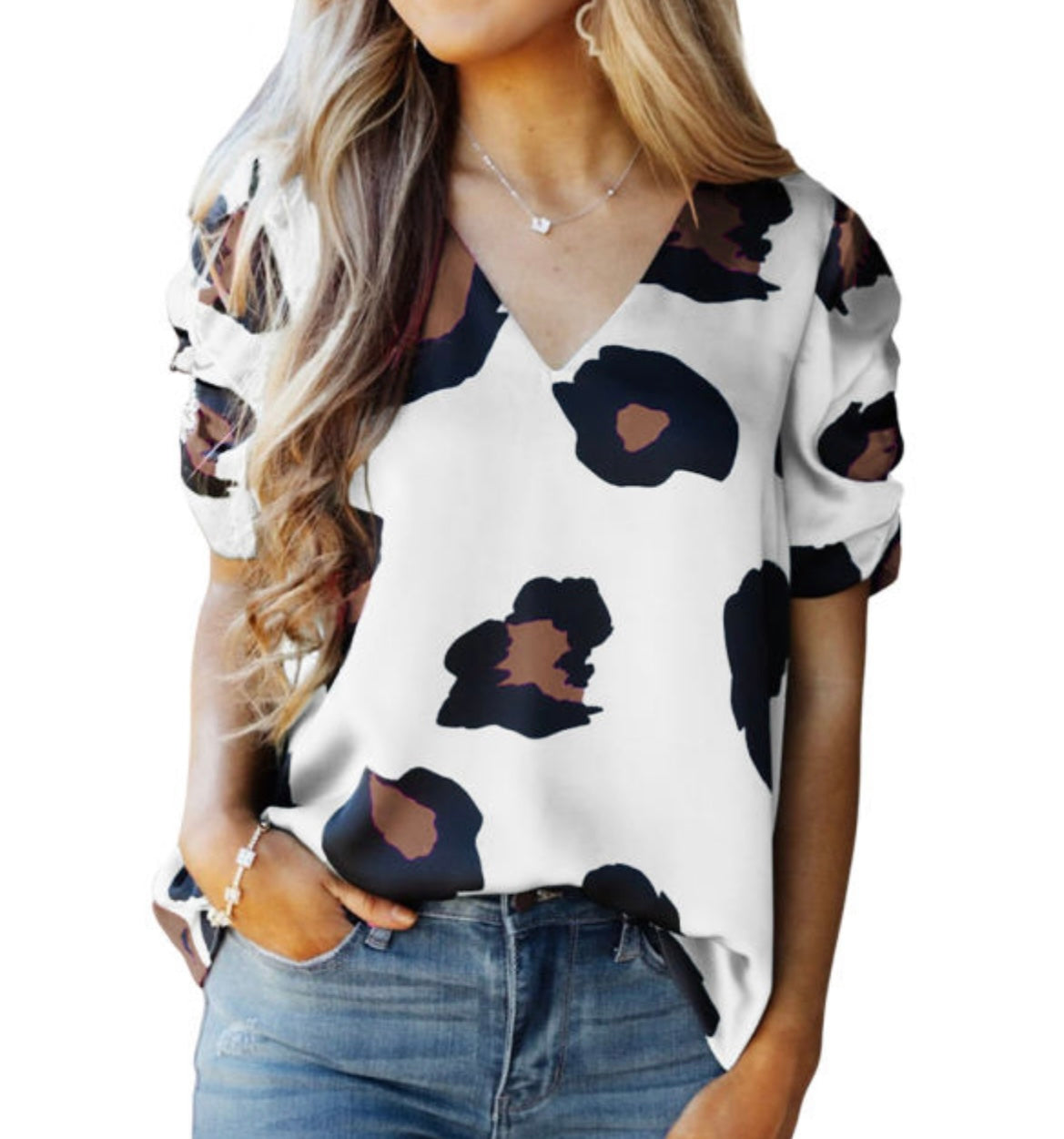 White Leopard Ruched Sleeve Top